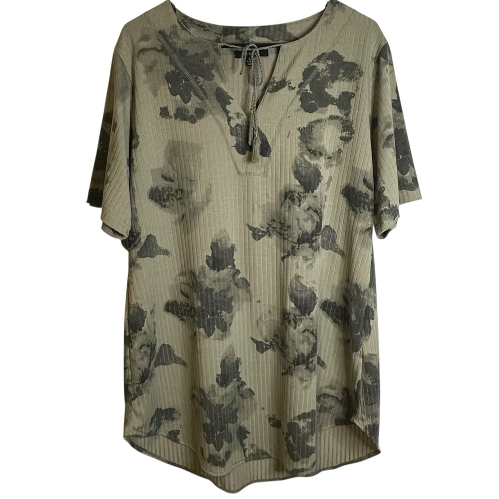 Yak & Yeti Olive Green Ribbed High Low Abstract Floral Print Top Tassel Tie XL